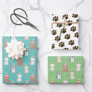 Puppy Santa Hat Blue Kerstfeestdag Inpakpapier Vel