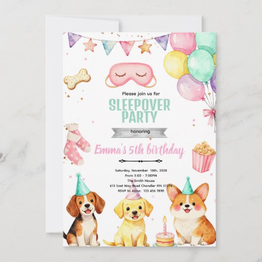 Puppy-slaapfeest verjaardagsfeest uitnodiging (Voorkant)