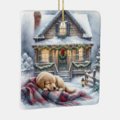 Puppy slaapt op feestelijke veranda Kerstmis Keramisch Ornament (Rechts)