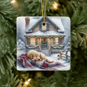 Puppy slaapt op feestelijke veranda Kerstmis Keramisch Ornament