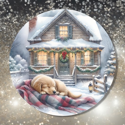 Puppy slaapt op feestelijke veranda Kerstmis Ronde Sticker