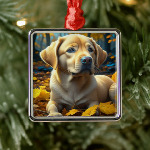 Puppy speelt in herfstbladeren metalen ornament