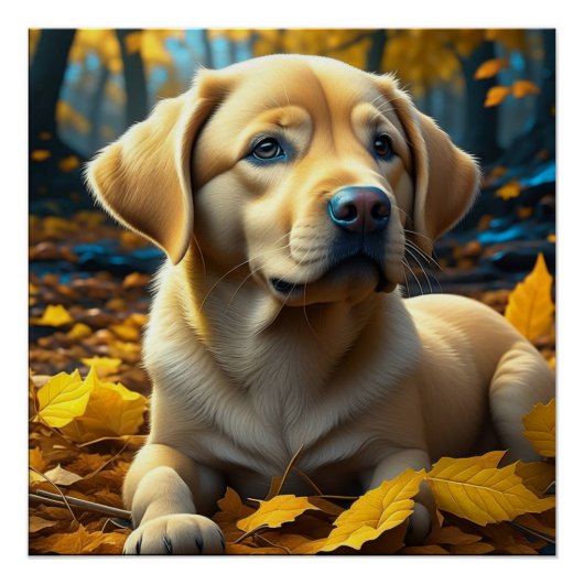 Puppy speelt in herfstbladeren perfect poster (Voorkant)