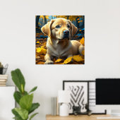 Puppy speelt in herfstbladeren poster (Thuiskantoor)