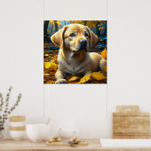 Puppy speelt in herfstbladeren poster (Keuken)