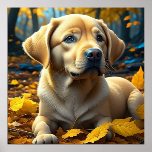 Puppy speelt in herfstbladeren poster (Voorkant)