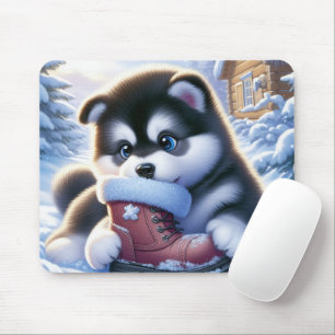 Puppy speelt met een besneeuwde winterlaars  muismat