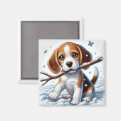 Puppy spelen in de sneeuw met een stok in de winte magneet (Voorkant / Achterkant)