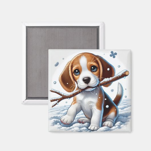 Puppy spelen in de sneeuw met een stok in de winte magneet (Voorkant / Achterkant)