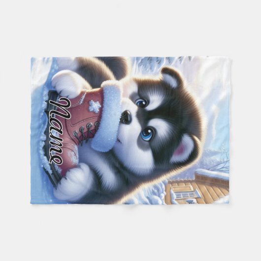 Puppy spelen met een besneeuwde winterschoen fleece deken (Voorkant (Horizontaal))