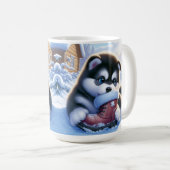 Puppy spelen met een besneeuwde winterschoen koffiemok (Voorkant rechts)