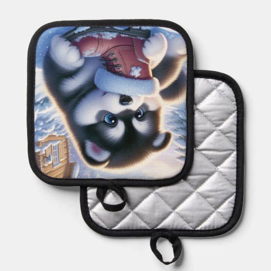 Puppy spelen met een besneeuwde winterschoen pannenlap (Voorkant / Achterkant)