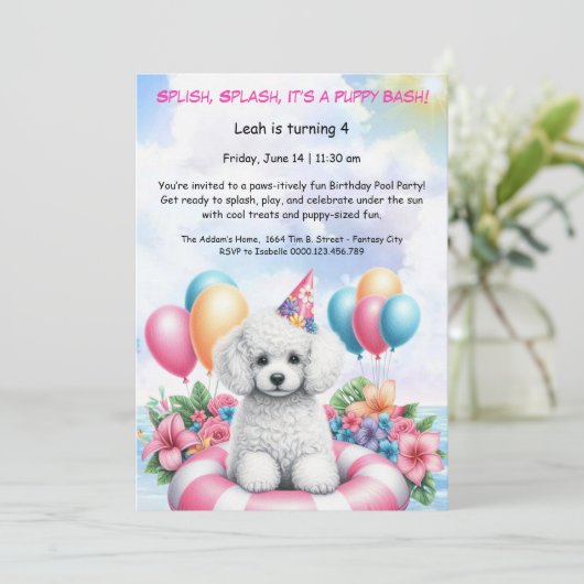 Puppy Splash Verjaardag Pool Party Uitnodiging (Staand voorkant)