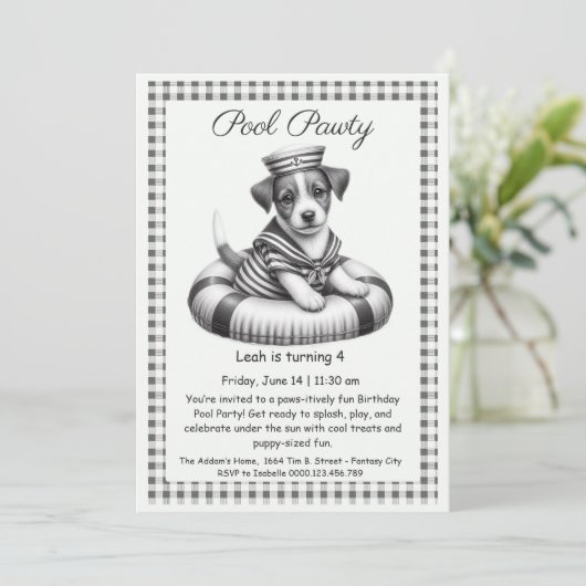 Puppy Splash Verjaardag Pool Party Uitnodiging (Staand voorkant)
