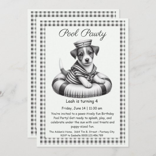 Puppy Splash Verjaardag Pool Party Uitnodiging (Voorkant / Achterkant)