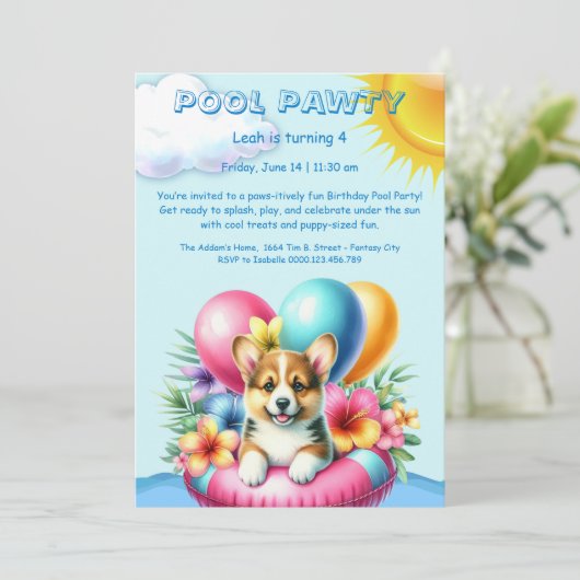 Puppy Splash Verjaardag Pool Party Uitnodiging (Staand voorkant)