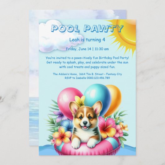 Puppy Splash Verjaardag Pool Party Uitnodiging (Voorkant / Achterkant)