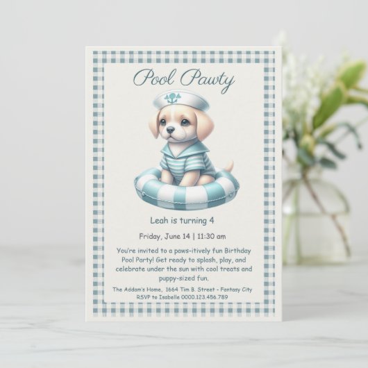 Puppy Splash Verjaardag Pool Party Uitnodiging (Staand voorkant)