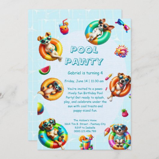 Puppy Splash Verjaardag Pool Party Uitnodiging (Voorkant / Achterkant)