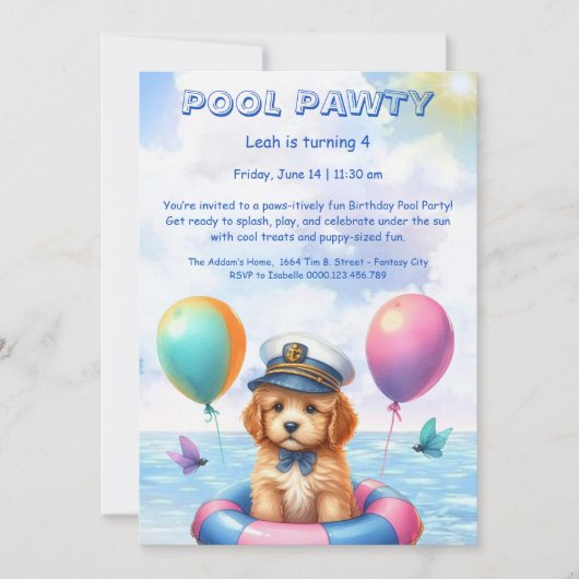 Puppy Splash Verjaardag Pool Party Uitnodiging (Voorkant)