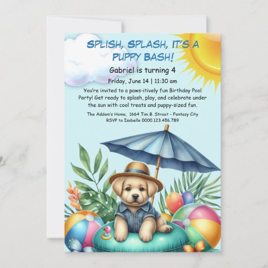 Puppy Splash Verjaardag Pool Party Uitnodiging (Voorkant)