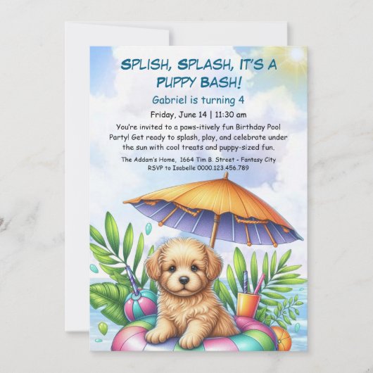 Puppy Splash Verjaardag Pool Party Uitnodiging (Voorkant)