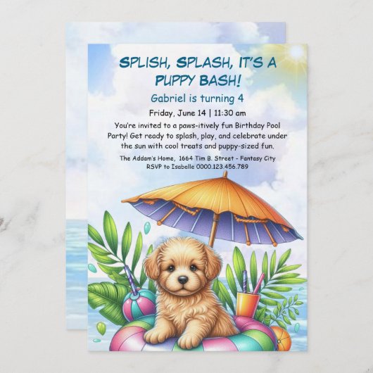 Puppy Splash Verjaardag Pool Party Uitnodiging (Voorkant / Achterkant)