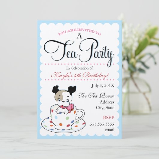 Puppy Tea Party  | Retro Birthday-uitnodigingen Kaart (Staand voorkant)
