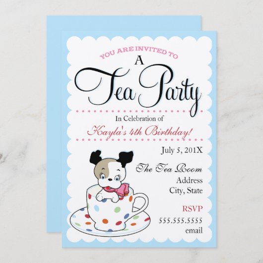 Puppy Tea Party | Retro Birthday-uitnodigingen Kaart (Voorkant / Achterkant)