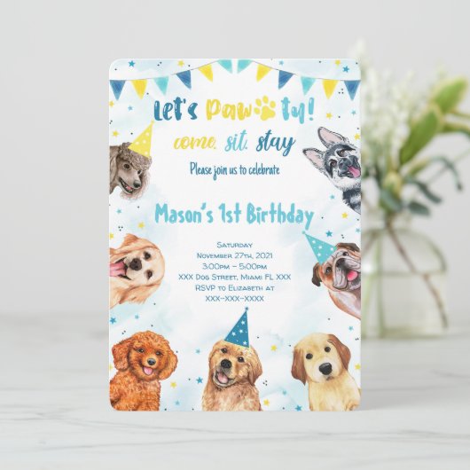 Puppy uitnodiging, hond verjaardag uitnodiging (Staand voorkant)