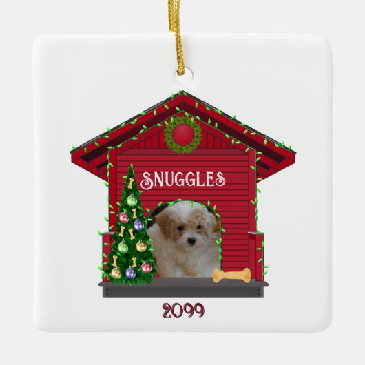 Puppy Upload Photo Decorated Dog House met kerst Keramisch Ornament (Voorkant)