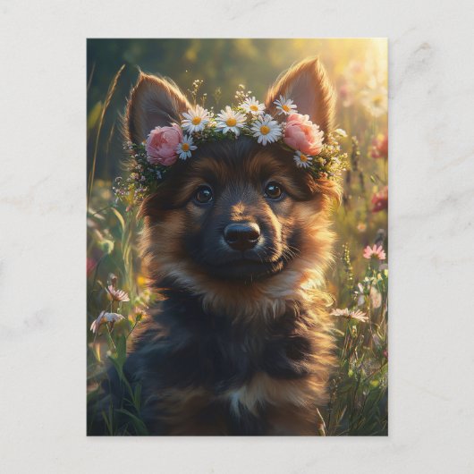 Puppy van een Duitse herder in een bloemenkroon Briefkaart (Voorkant)