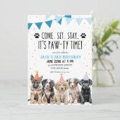 PUPPY VERJAARDAG FEESTUITNODIGING LATEN WE PAW-TY KAART (Staand voorkant)