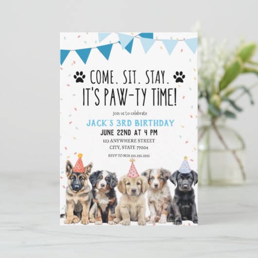 PUPPY VERJAARDAG FEESTUITNODIGING LATEN WE PAW-TY KAART (Staand voorkant)