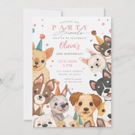 Puppy Verjaardag Uitnodiging Hond Party Meisje Ver (Voorkant)