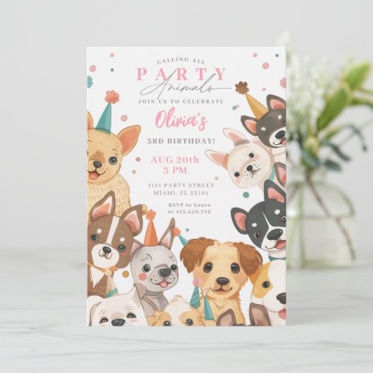 Puppy Verjaardag Uitnodiging Hond Party Meisje Ver (Staand voorkant)