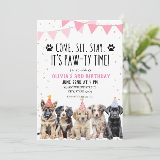 PUPPY VERJAARDAG UITNODIGING MEISJE LATEN PAWTY UI (Staand voorkant)