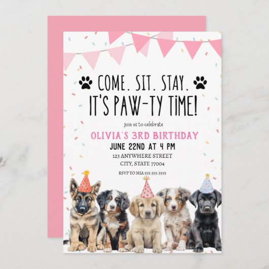 PUPPY VERJAARDAG UITNODIGING MEISJE LATEN PAWTY UI (Voorkant / Achterkant)
