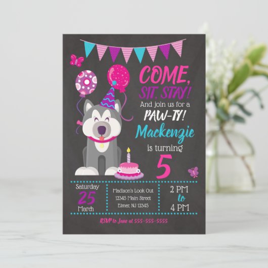 Puppy Verjaardag Uitnodiging Meisje Paw-ty Husky (Staand voorkant)