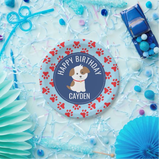 Puppy verjaardagsfeest borden blauw rode pootafdru papieren bordje (Feest)