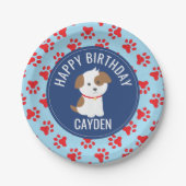 Puppy verjaardagsfeest borden blauw rode pootafdru papieren bordje (Voorkant)