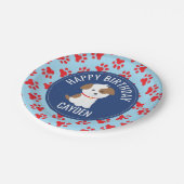 Puppy verjaardagsfeest borden blauw rode pootafdru papieren bordje (Gekanteld)