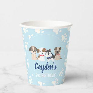 Puppy verjaardagsfeestje blauwe pootafdrukken papieren bekers