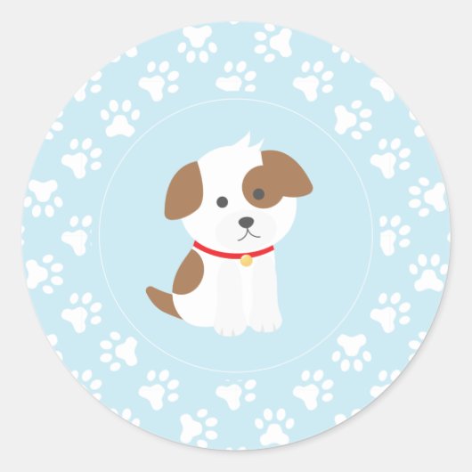 Puppy verjaardagsfeestje stickers blauw poot print (Voorkant)