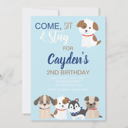 Puppy verjaardagsfeestje uitnodiging Blauw (Voorkant)