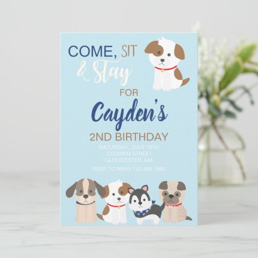 Puppy verjaardagsfeestje uitnodiging Blauw (Staand voorkant)