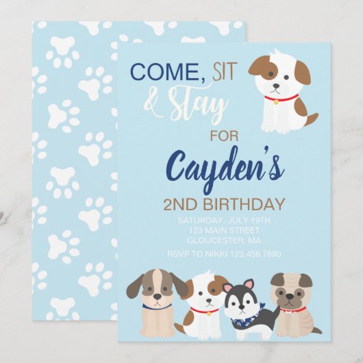 Puppy verjaardagsfeestje uitnodiging Blauw (Voorkant / Achterkant)