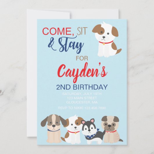 Puppy verjaardagsfeestje uitnodiging Blauw Rood (Voorkant)