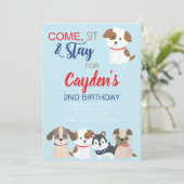 Puppy verjaardagsfeestje uitnodiging Blauw Rood (Staand voorkant)