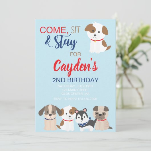 Puppy verjaardagsfeestje uitnodiging Blauw Rood (Staand voorkant)